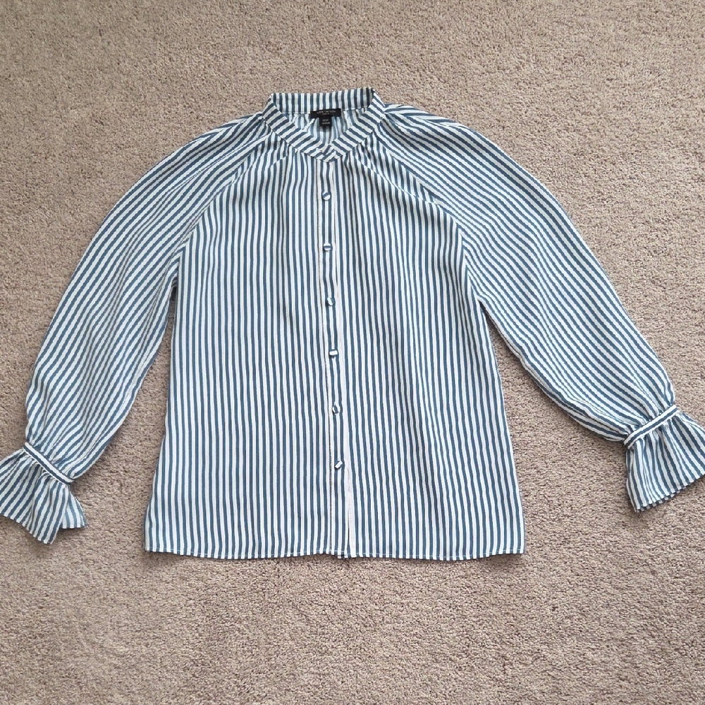 Ann Taylor Petite Striped Blouse in Blue and White